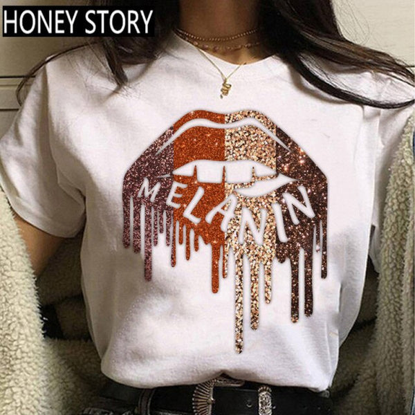 FIXSYS Kawaii Melanin T Shirt Women Funny Black African Curly Hair Girl Graphic Tees Cartoon T-shirt Aesthetic Tshirt