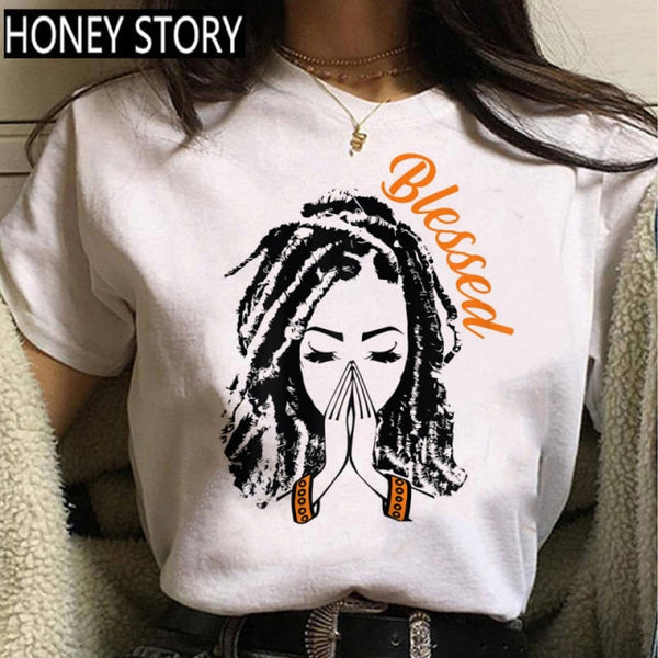 FIXSYS Kawaii Melanin T Shirt Women Funny Black African Curly Hair Girl Graphic Tees Cartoon T-shirt Aesthetic Tshirt