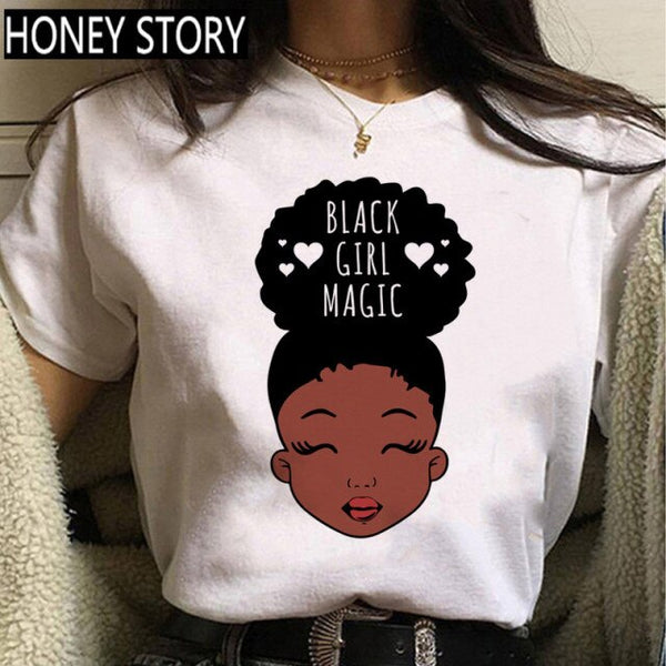 FIXSYS Kawaii Melanin T Shirt Women Funny Black African Curly Hair Girl Graphic Tees Cartoon T-shirt Aesthetic Tshirt
