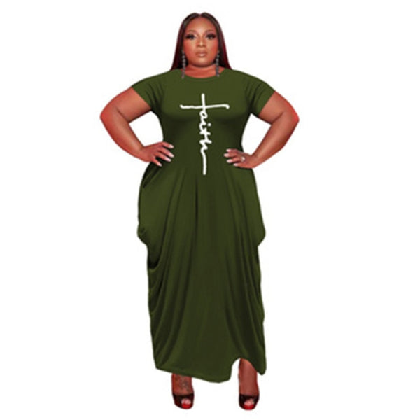 2021 New Faith Letter Printed Dress Plus Size Women Summer Short Sleeve Loose Maxi Dress 4XL 5XL Round Neck Pockets Casual Dress