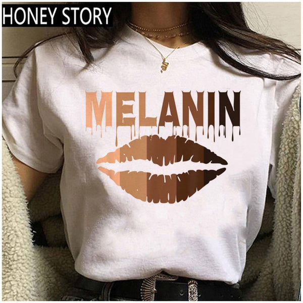 Cartoon T-shirt Kawaii Melanin T Shirt Women Funny Black African Curly Hair Girl Graphic Tees Aesthetic Tshirt Female