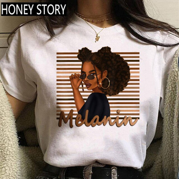 Cartoon T-shirt Kawaii Melanin T Shirt Women Funny Black African Curly Hair Girl Graphic Tees Aesthetic Tshirt Female