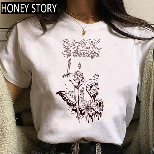 Cartoon T-shirt Kawaii Melanin T Shirt Women Funny Black African Curly Hair Girl Graphic Tees Aesthetic Tshirt Female
