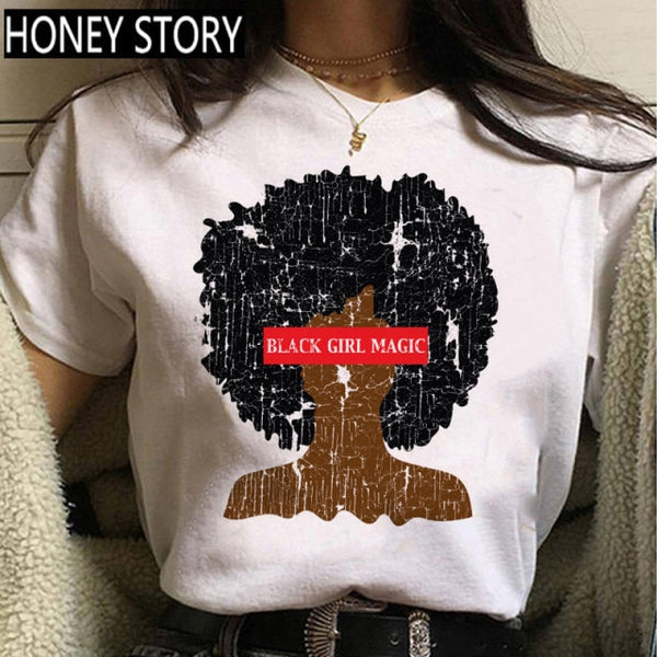 Cartoon T-shirt Kawaii Melanin T Shirt Women Funny Black African Curly Hair Girl Graphic Tees Aesthetic Tshirt Female