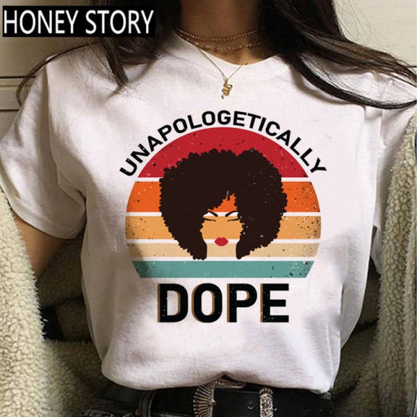Cartoon T-shirt Kawaii Melanin T Shirt Women Funny Black African Curly Hair Girl Graphic Tees Aesthetic Tshirt Female