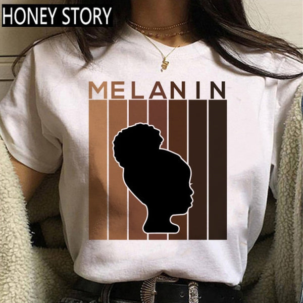 Cartoon T-shirt Kawaii Melanin T Shirt Women Funny Black African Curly Hair Girl Graphic Tees Aesthetic Tshirt Female