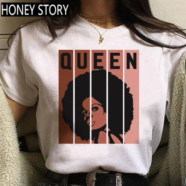 ZOGANKIN Cartoon T-shirt Kawaii Melanin Shirts Women Black African Curly Hair Girl Lips Graphic Tops Aesthetic Clothes