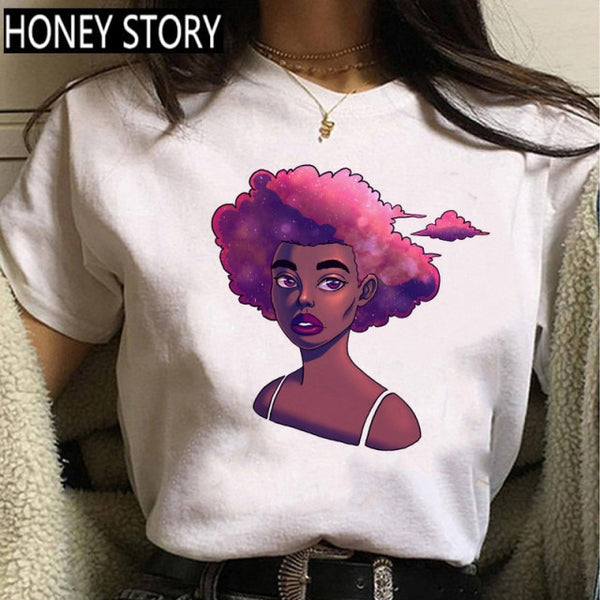 ZOGANKIN Cartoon T-shirt Kawaii Melanin Shirts Women Black African Curly Hair Girl Lips Graphic Tops Aesthetic Clothes