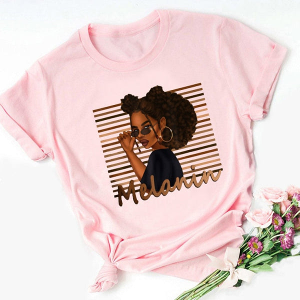 ZOGANKIN Cartoon T-shirt Kawaii Melanin Shirts Women Black African Curly Hair Girl Lips Graphic Tops Aesthetic Clothes