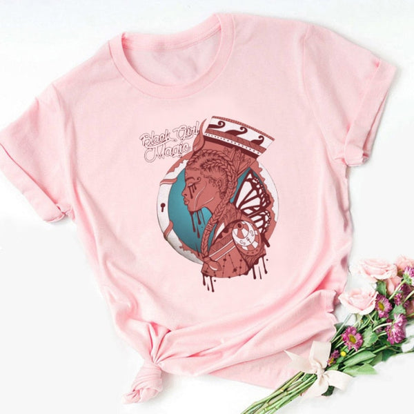 ZOGANKIN Cartoon T-shirt Kawaii Melanin Shirts Women Black African Curly Hair Girl Lips Graphic Tops Aesthetic Clothes