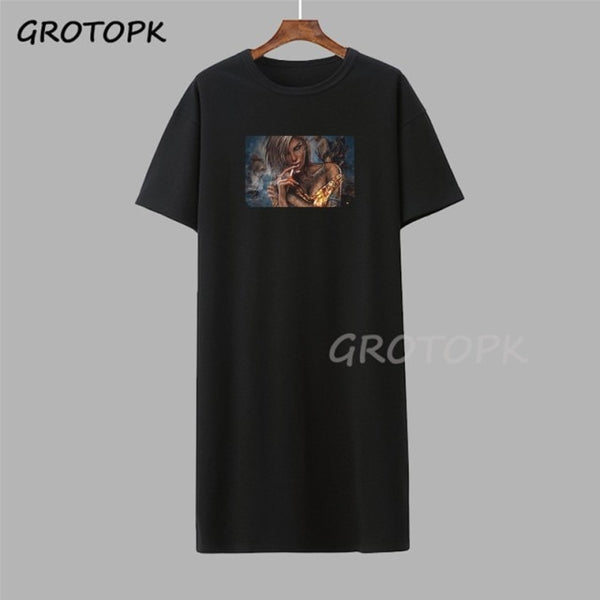 Black Girl Magic Gothic Steetwear T-shirt Dress Summer Fashion Black T-shirt Dress Short Sleeve Harajuku Soft Woman Dress