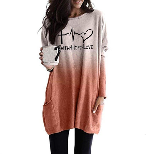 2021 New Fashion Faith Hope Love Letters Print T-Shirt For Women Gradient Long Sleeve Pocket T-Shirt Top Women Plus Size Cropped