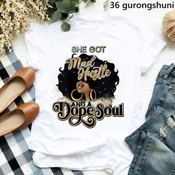 watercolor she got mad hustle and a dope soul Tshirt femme print graphic tees women melanin black girl magic t-shirt streetwear