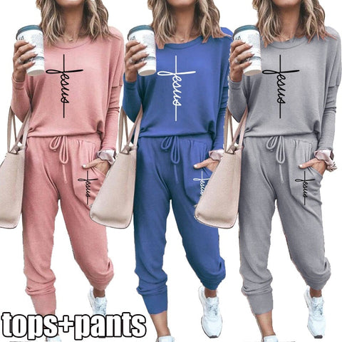 2021 Women&amp;#39;s Faith Logo Sportswear Suit Sportswear Track Suit Suit Solid Color Long-sleeved Jogging Top + Pants(7 Colors) S-2XL