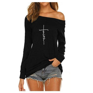 New Arrival T-Shirt For Women T-Shirt Top Faith Letters Print T-Shirt Female Women Plus Size Harajuku Off The Shoulder Tops