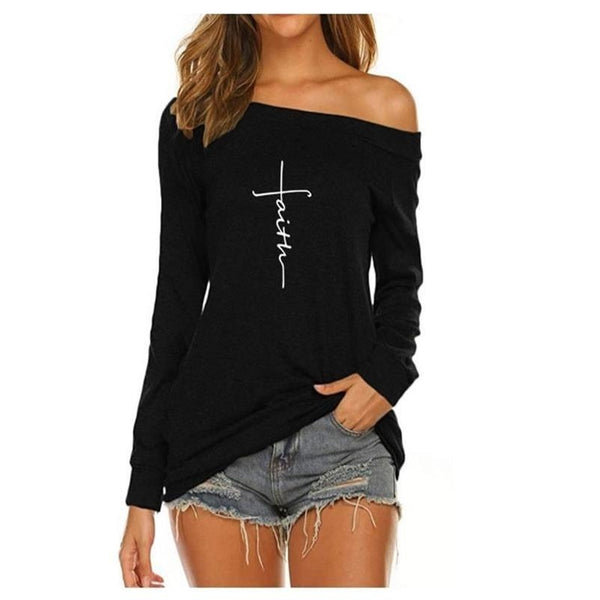 New Arrival T-Shirt For Women T-Shirt Top Faith Letters Print T-Shirt Female Women Plus Size Harajuku Off The Shoulder Tops