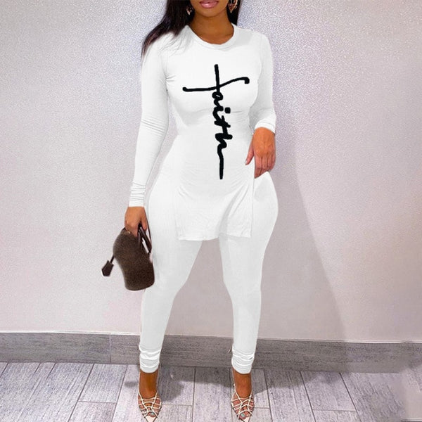 New Tracksuit For Women Faith Letter Ribbed Knit Two Piece Set Casual 2 Pcs Outfits Long Sleeve Tshirts Pants Suit Matching Set