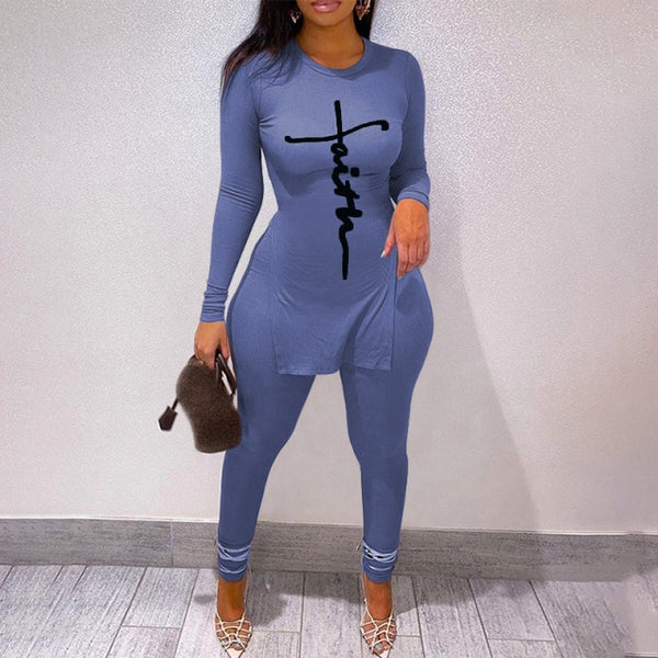 New Tracksuit For Women Faith Letter Ribbed Knit Two Piece Set Casual 2 Pcs Outfits Long Sleeve Tshirts Pants Suit Matching Set