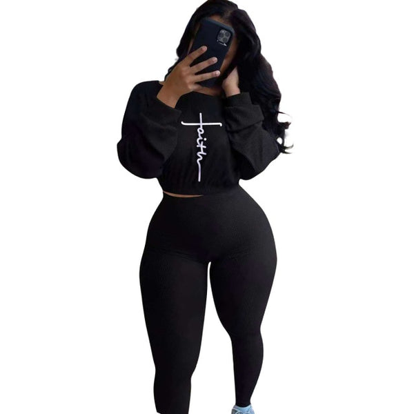 New Tracksuit For Women Faith Letter Ribbed Knit Two Piece Set Casual 2 Pcs Outfits Long Sleeve Tshirts Pants Suit Matching Set