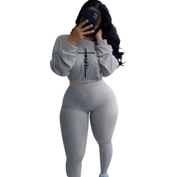 New Tracksuit For Women Faith Letter Ribbed Knit Two Piece Set Casual 2 Pcs Outfits Long Sleeve Tshirts Pants Suit Matching Set