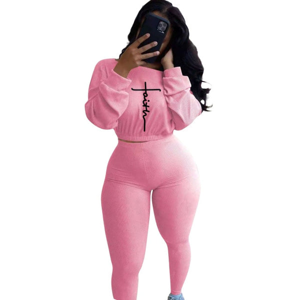 New Tracksuit For Women Faith Letter Ribbed Knit Two Piece Set Casual 2 Pcs Outfits Long Sleeve Tshirts Pants Suit Matching Set