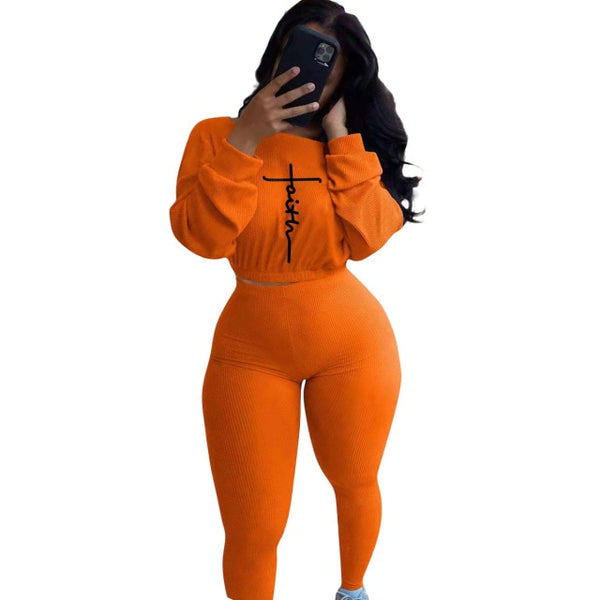 New Tracksuit For Women Faith Letter Ribbed Knit Two Piece Set Casual 2 Pcs Outfits Long Sleeve Tshirts Pants Suit Matching Set