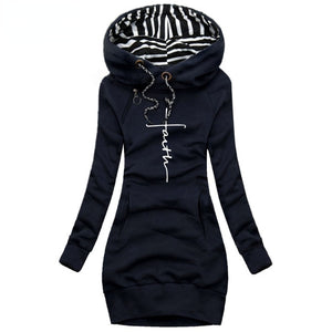 Binikis Secret Autumn and Winter Pullover Dress Women Fashion Long Sleeve Hoodie Casual Faith Printed Hooded Dresses for Women