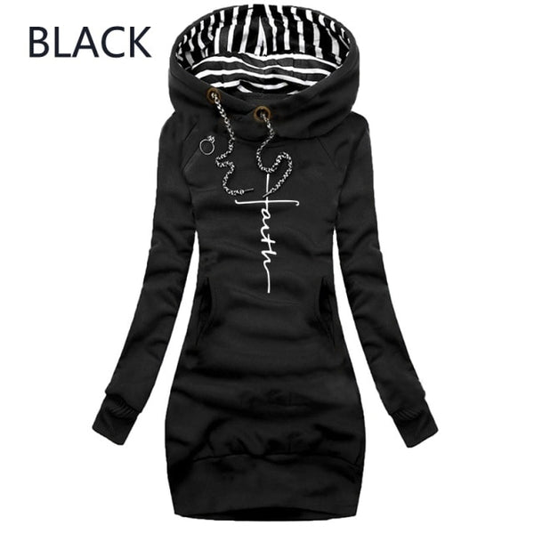 Binikis Secret Autumn and Winter Pullover Dress Women Fashion Long Sleeve Hoodie Casual Faith Printed Hooded Dresses for Women