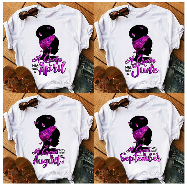 A Queen Was Born In January-December Butterflies Black Girl Print Graphic Tees Women 90s Friends Tshirt Birthday Gift T Shirts