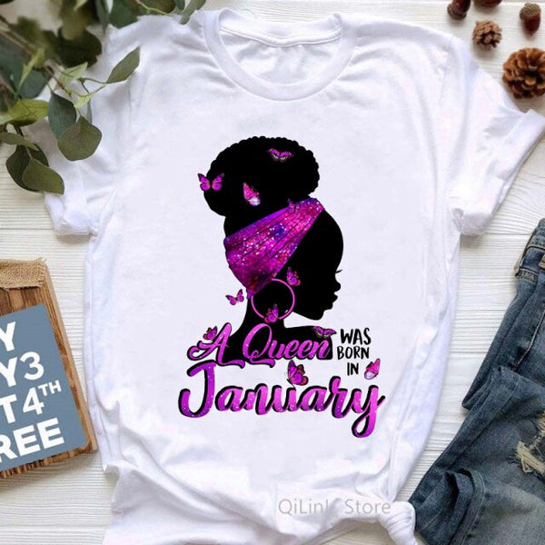 A Queen Was Born In January-December Butterflies Black Girl Print Graphic Tees Women 90s Friends Tshirt Birthday Gift T Shirts