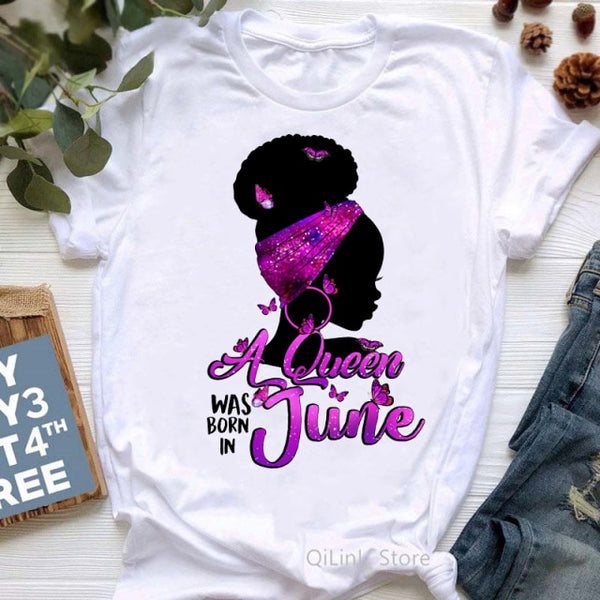 A Queen Was Born In January-December Butterflies Black Girl Print Graphic Tees Women 90s Friends Tshirt Birthday Gift T Shirts