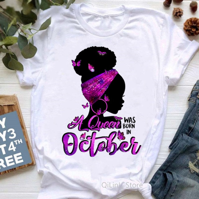 A Queen Was Born In January-December Butterflies Black Girl Print Graphic Tees Women 90s Friends Tshirt Birthday Gift T Shirts