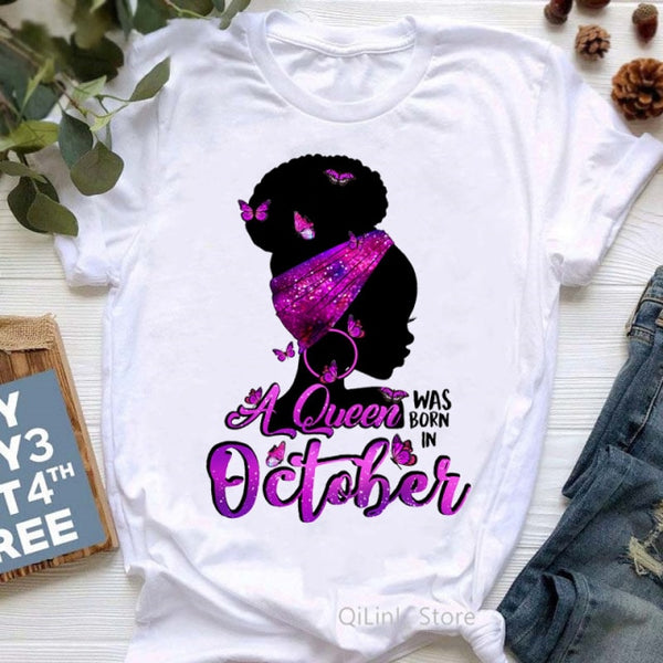 A Queen Was Born In January-December Butterflies Black Girl Print Graphic Tees Women 90s Friends Tshirt Birthday Gift T Shirts