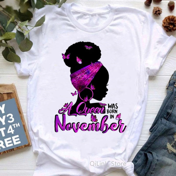 A Queen Was Born In January-December Butterflies Black Girl Print Graphic Tees Women 90s Friends Tshirt Birthday Gift T Shirts