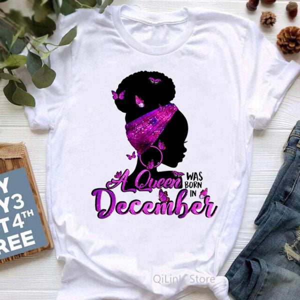 A Queen Was Born In January-December Butterflies Black Girl Print Graphic Tees Women 90s Friends Tshirt Birthday Gift T Shirts