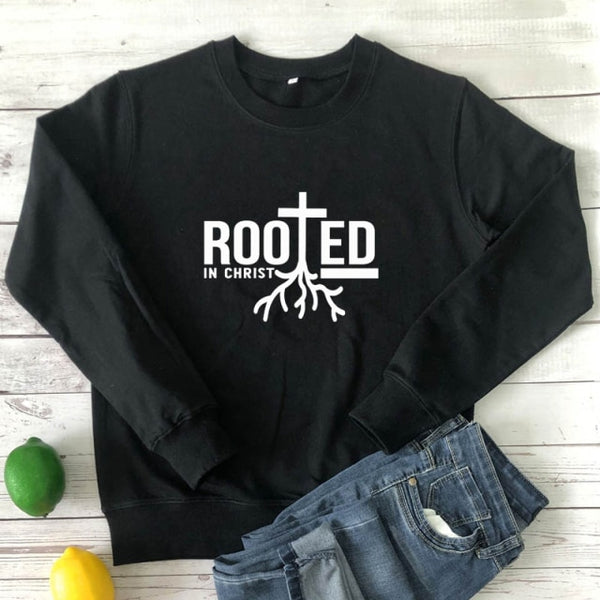 Rooted In Christ 100% Cotton Sweatshirt Scripture Christian Church Pullovers Women Religion Jesus Faith Graphic Sweatshirts