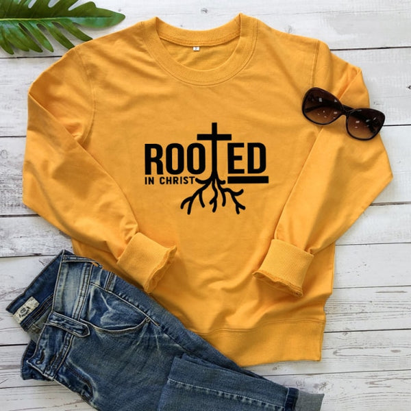 Rooted In Christ 100% Cotton Sweatshirt Scripture Christian Church Pullovers Women Religion Jesus Faith Graphic Sweatshirts