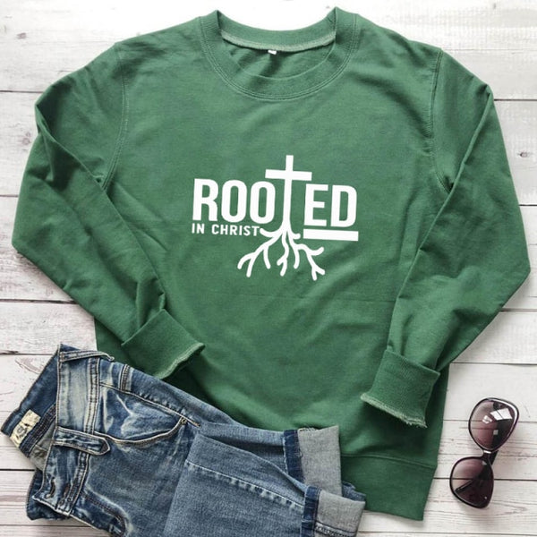 Rooted In Christ 100% Cotton Sweatshirt Scripture Christian Church Pullovers Women Religion Jesus Faith Graphic Sweatshirts