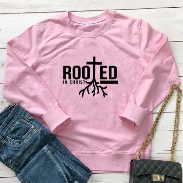 Rooted In Christ 100% Cotton Sweatshirt Scripture Christian Church Pullovers Women Religion Jesus Faith Graphic Sweatshirts