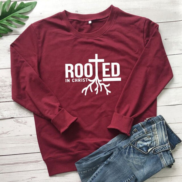 Rooted In Christ 100% Cotton Sweatshirt Scripture Christian Church Pullovers Women Religion Jesus Faith Graphic Sweatshirts