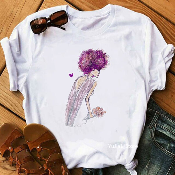 Flower curly puff hair african black girl print tee shirt femme magic melanin poppin shirt black live matter t shirt women tops