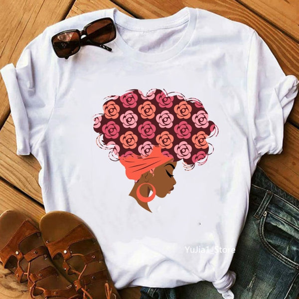 Flower curly puff hair african black girl print tee shirt femme magic melanin poppin shirt black live matter t shirt women tops