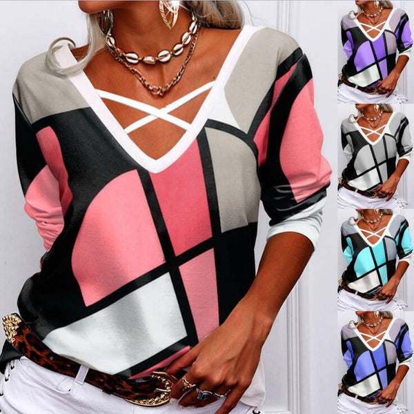 Women Winter Autumn Overlapping V Neck Geometric Print T-shirt Casual Long Sleeve Tops Loose Pullover Plus Size Basic Shirt