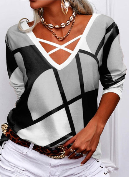 Women Winter Autumn Overlapping V Neck Geometric Print T-shirt Casual Long Sleeve Tops Loose Pullover Plus Size Basic Shirt