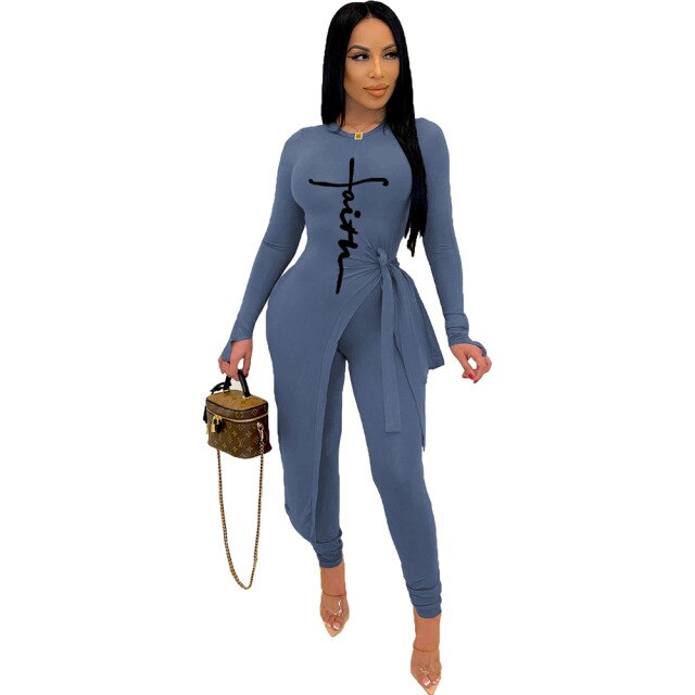 Faith Print Women Knitted Skinny Set Ladies Long Sleeve Sweater Legging Pants Suits Autumn Winter Bodycon Tracksuits Fitness Set