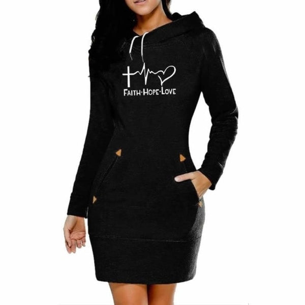 Hoodies For Women Long Dress Faith Hope Love Letters Print Tops Hoodies dresses Women Femmes Sweatshirts Print Loose