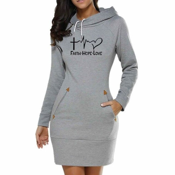 Hoodies For Women Long Dress Faith Hope Love Letters Print Tops Hoodies dresses Women Femmes Sweatshirts Print Loose