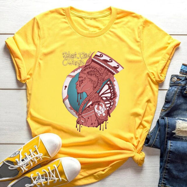 Cartoon T-shirt Kawaii Melanin T Shirt Women Funny Black African Curly Hair Girl Graphic Tees Aesthetic Tshirt Female