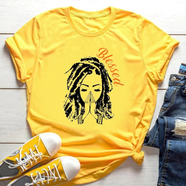 Cartoon T-shirt Kawaii Melanin T Shirt Women Funny Black African Curly Hair Girl Graphic Tees Aesthetic Tshirt Female