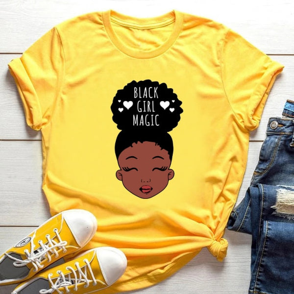 Cartoon T-shirt Kawaii Melanin T Shirt Women Funny Black African Curly Hair Girl Graphic Tees Aesthetic Tshirt Female